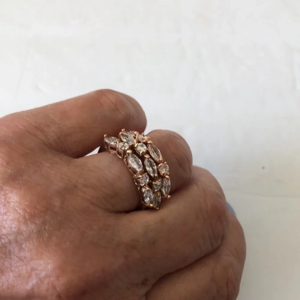 Set of 3 Cocktail rings Gold Plated Color w SZ Clear Mix Shape Sones Sz.8